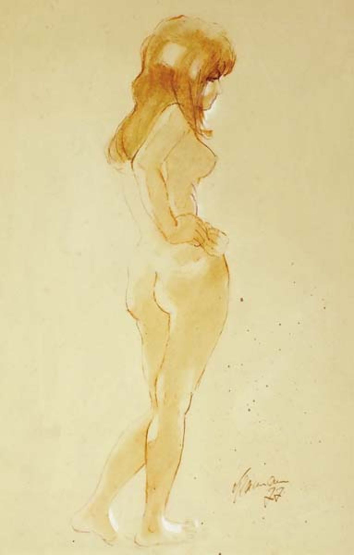 Klamann, Kurt („Kuddel”)(Zingst 1907 - 1984 Zingst)Seitlich stehender weiblicher RückenaktZeichnung,