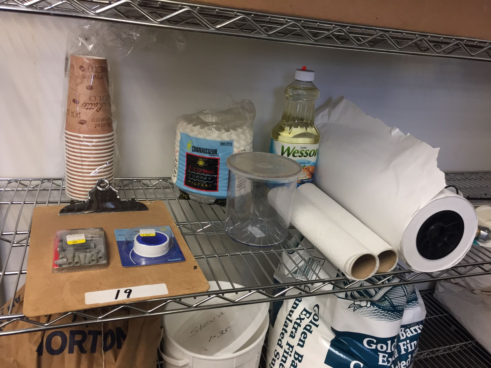 Contents of shelf (rack not included) Coffee filters, cups, paper, Wesson and more - Image 2 of 6