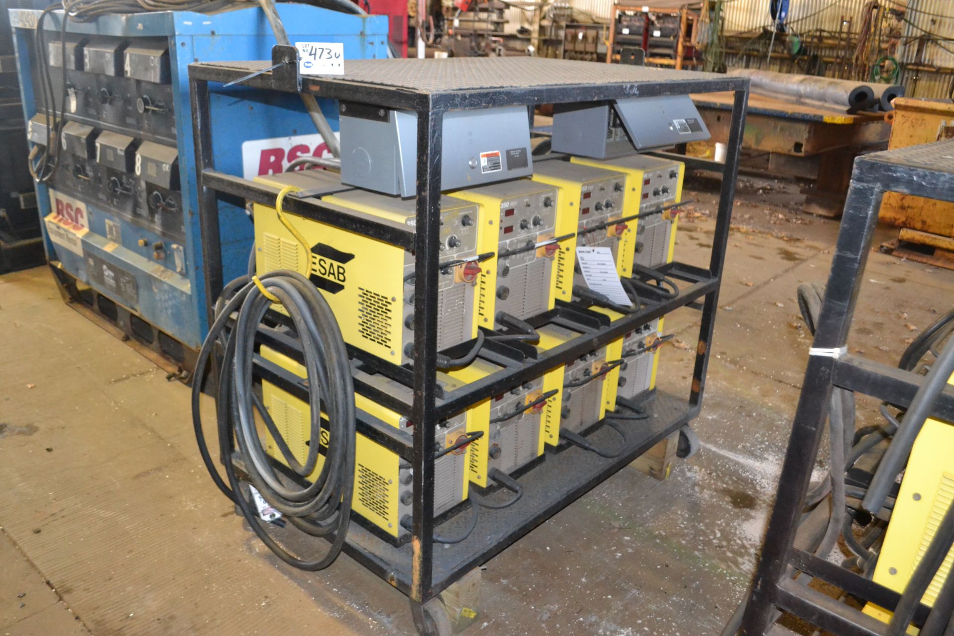 (8) Esab 350 MPI Welders with Breaker Boxes on Steel Cart with Casters