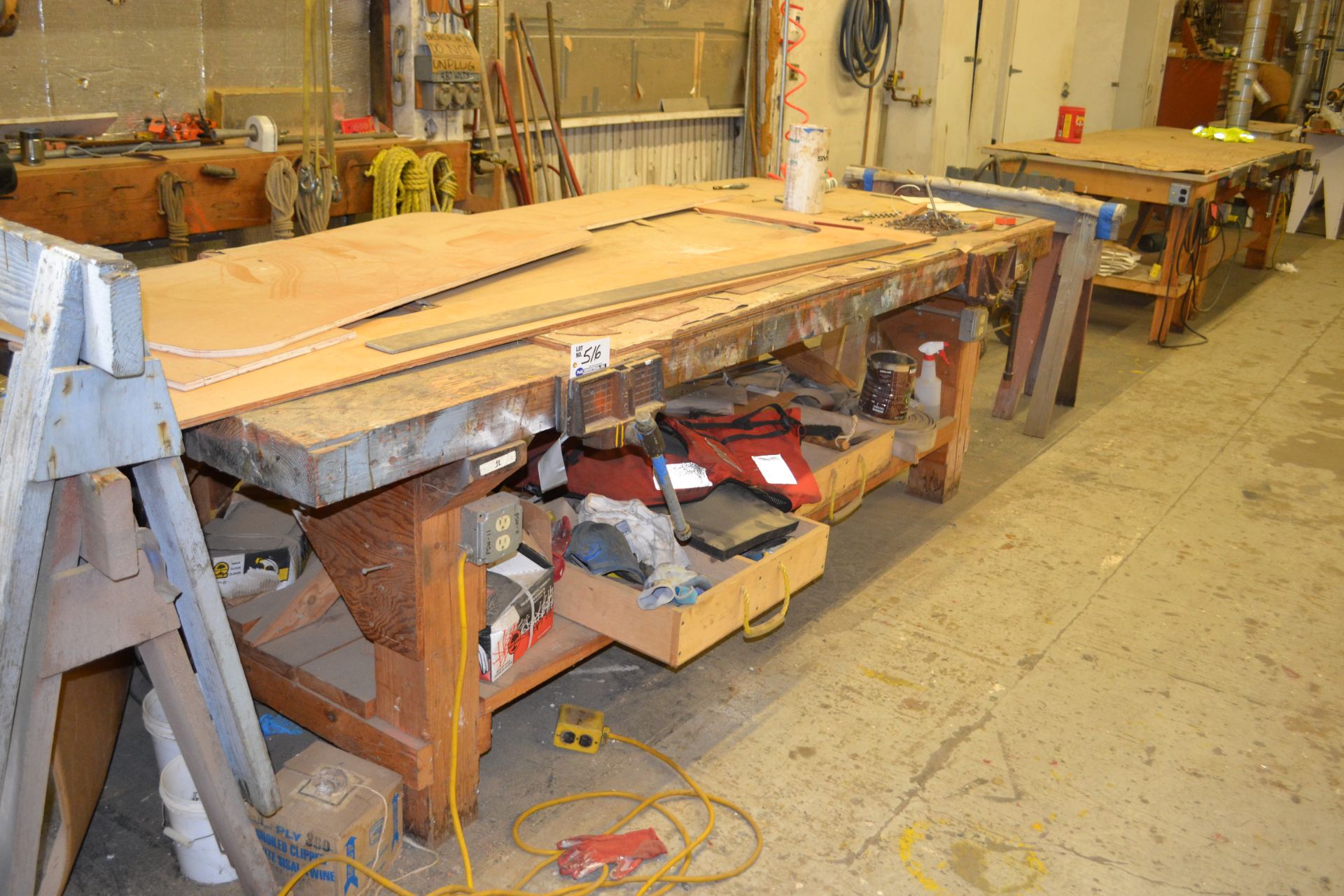 (2) 10' x 4' wooden layout table w/ 2 vises