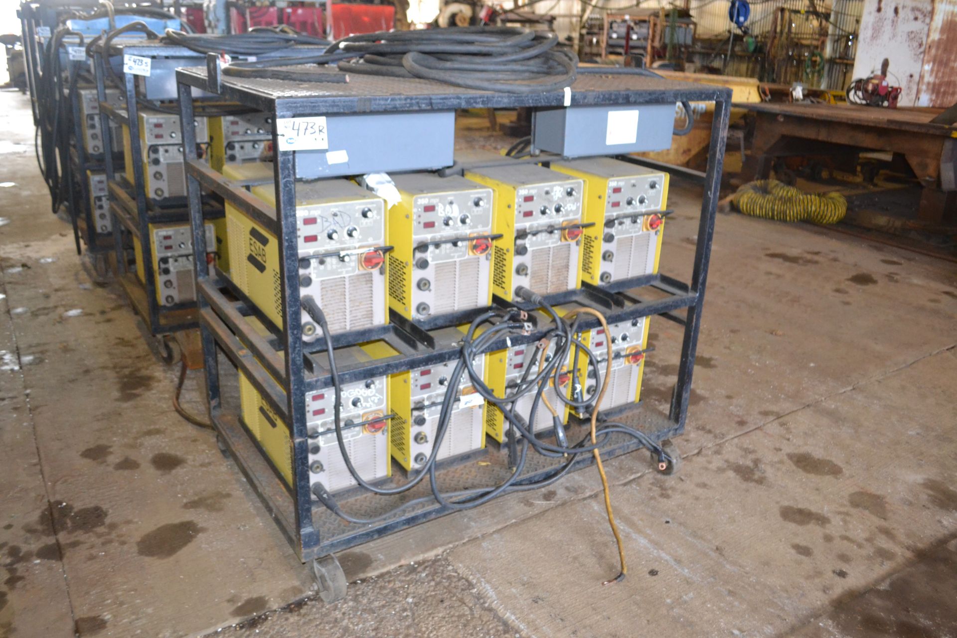(8) Esab 350 MPI Welders with Breaker Boxes on Steel Cart with Casters