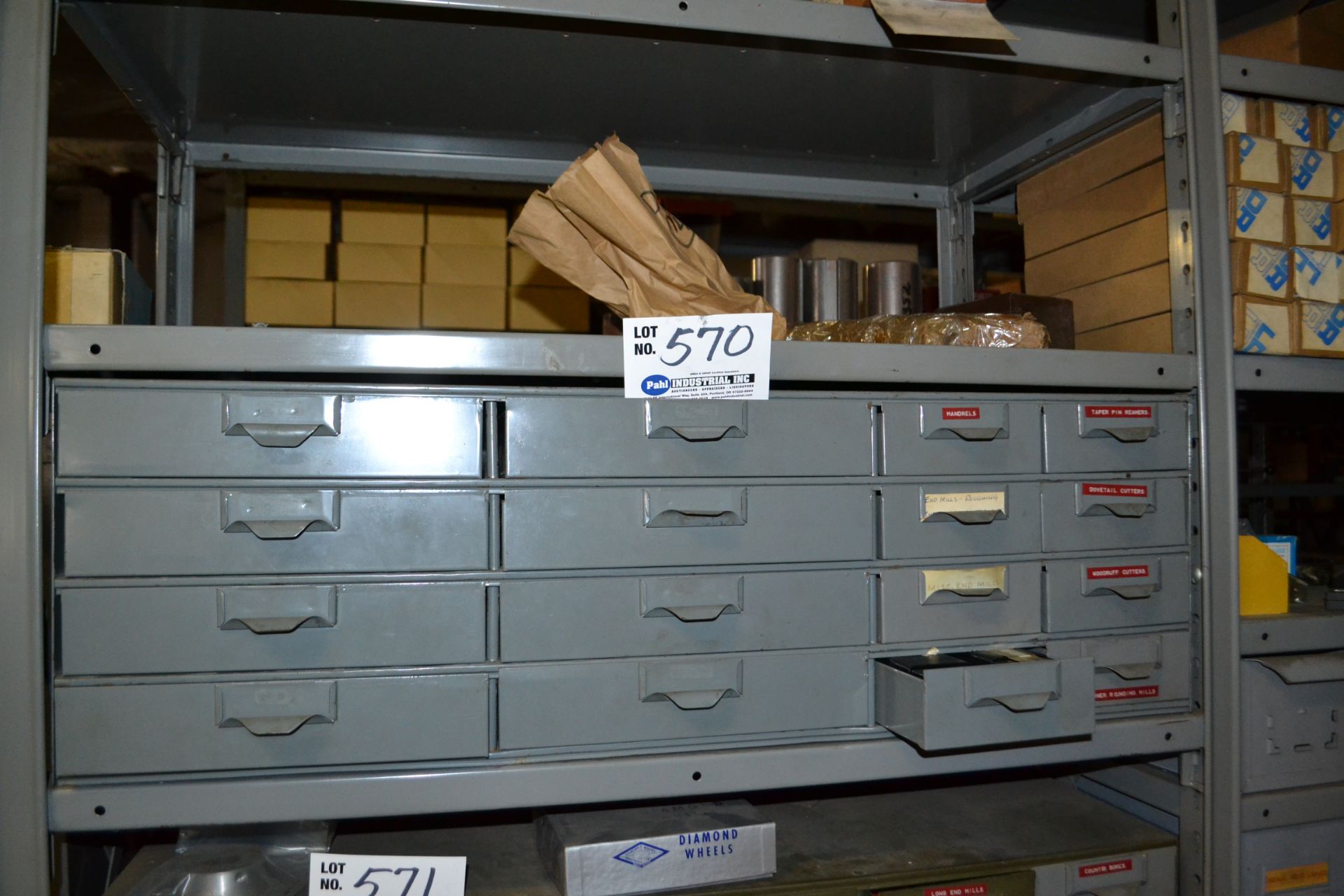 Hardware 16 drawer with Mandrels, reamers, cutters, end mills, etc.