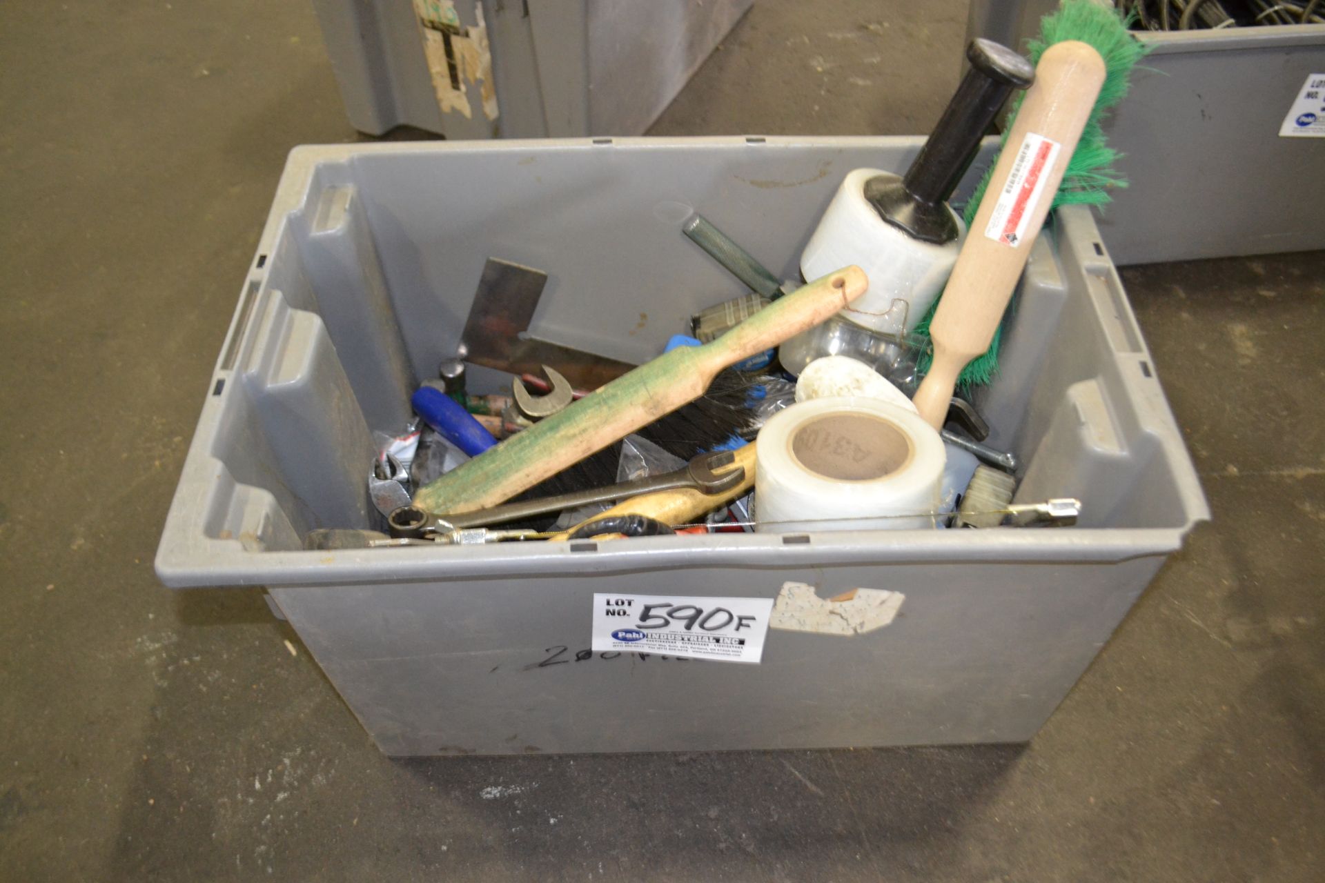 Bin of Assorted Hand Tools, hammers, tape measures, saws, brushes, hardware etc