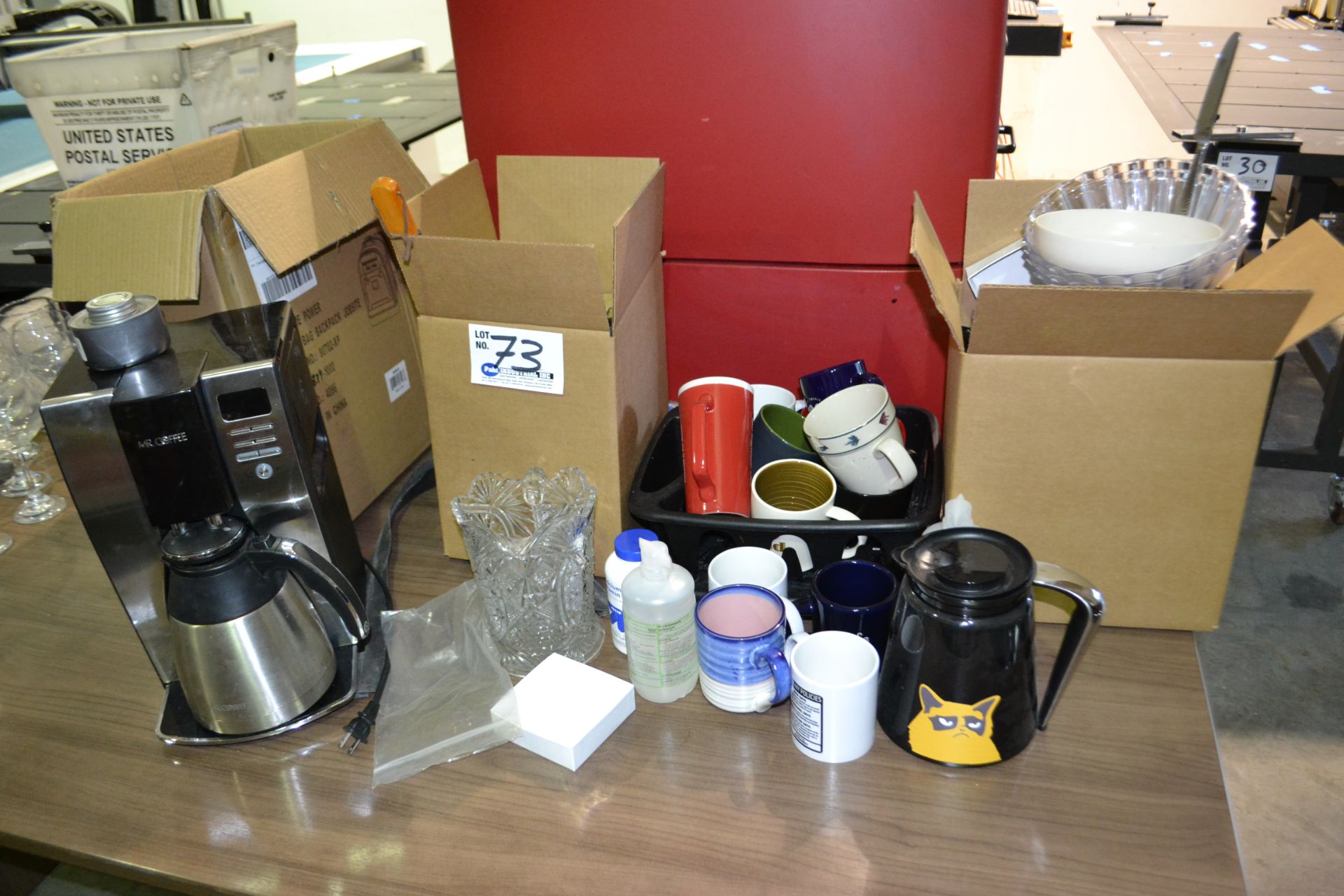 Assorted Kitchenware with Coffee Maker, Mugs etc.