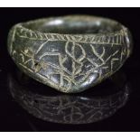 MEDIEVAL BRONZE DECORATED ARCHERS RING