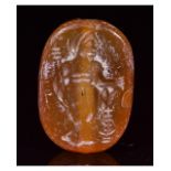 SASSANIAN CARNELIAN STONE SEAL BEAD WITH SOLDIER