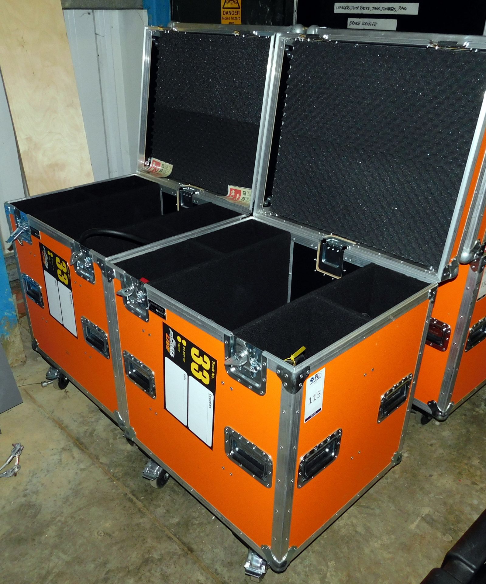 2 Emergency Flight Cases with 7 (6ltr) Foam Fire Extinguishers, 2 Co2 Fire Extinguishers, 6 Fire