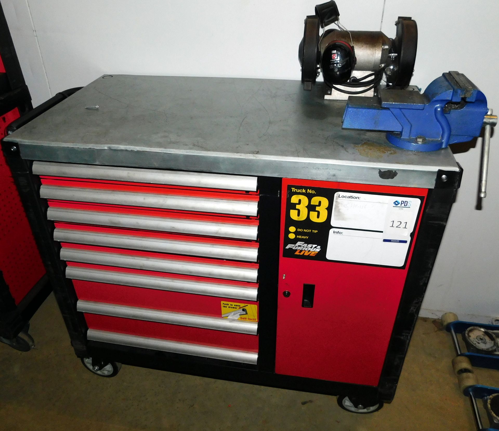 Premier 8 Drawer, 1 Door Mobile Work Bench/Storage Unit & Contents with Double Ended Bench Grinder &