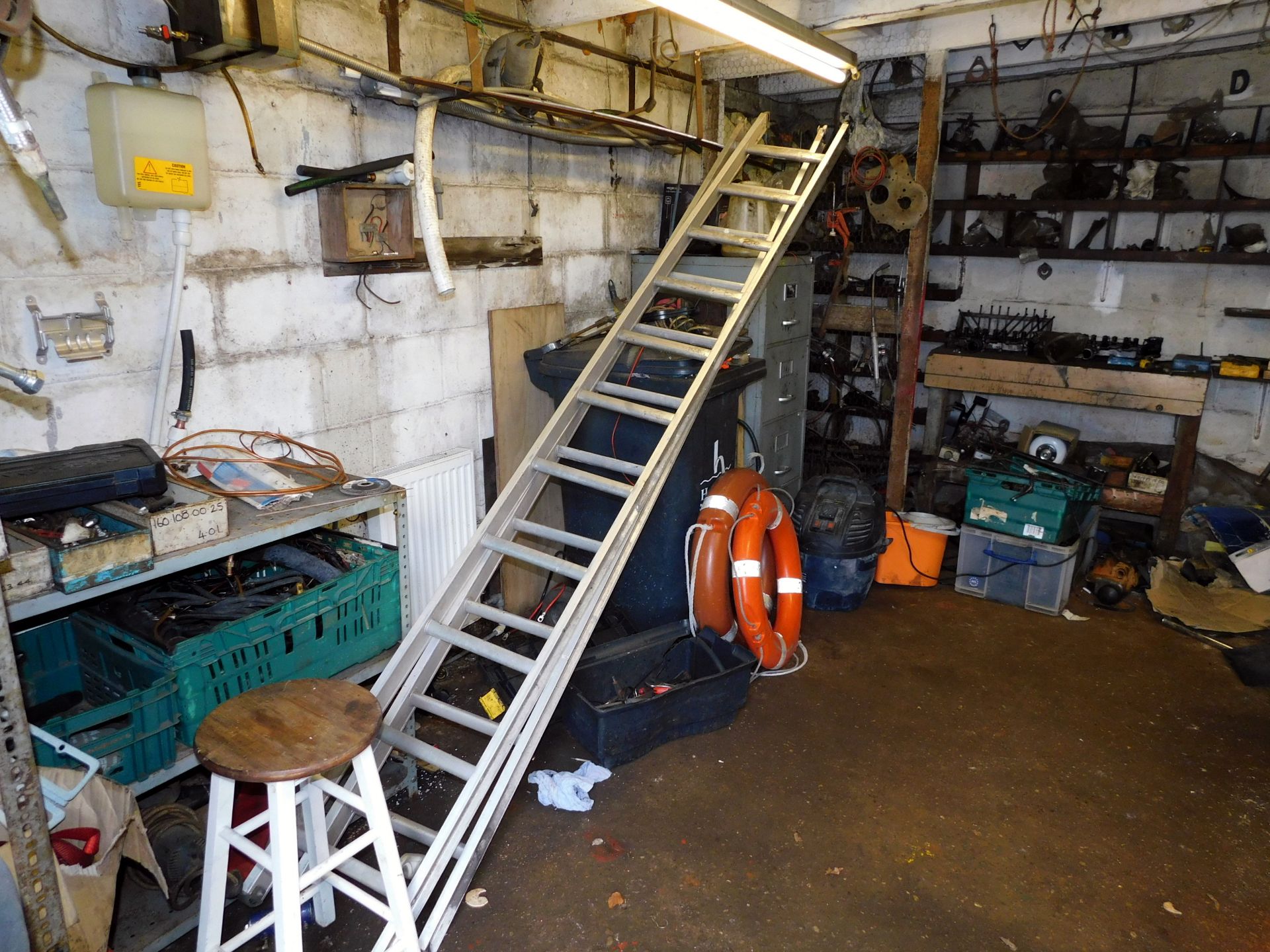 Remaining Contents of Room to Include, Engineers Vice, Grinder, Aluminium Ladders, Engine Parts &