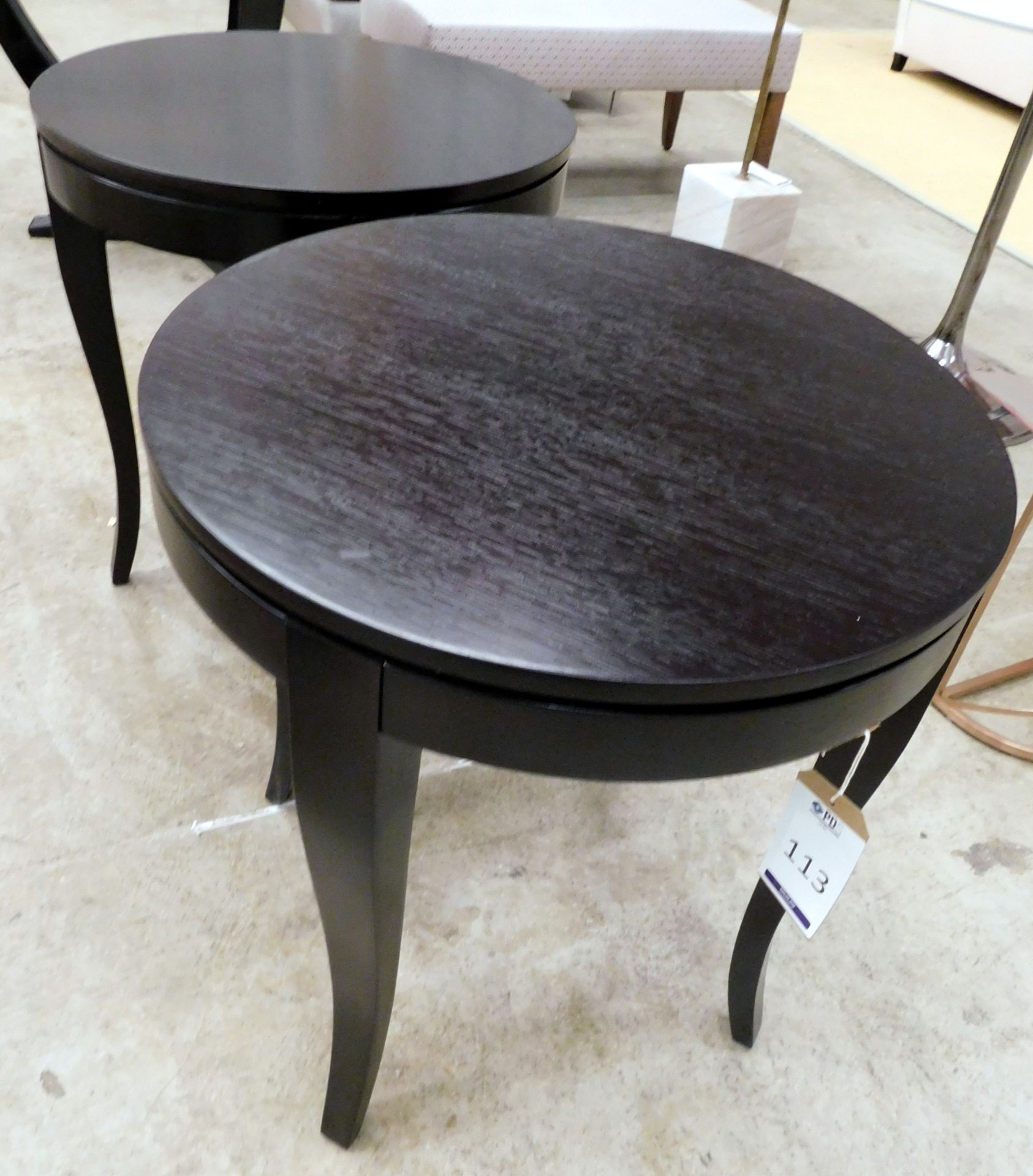 Two Ecco Trading Modium Circular Tables In Chocolate Oak, Shaped Tapering Supports (Approximate