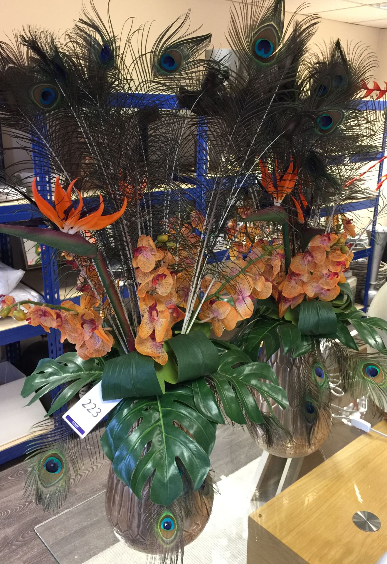 Pair Of Decorative Vases And Artificial Flowers/Peacock Feathers