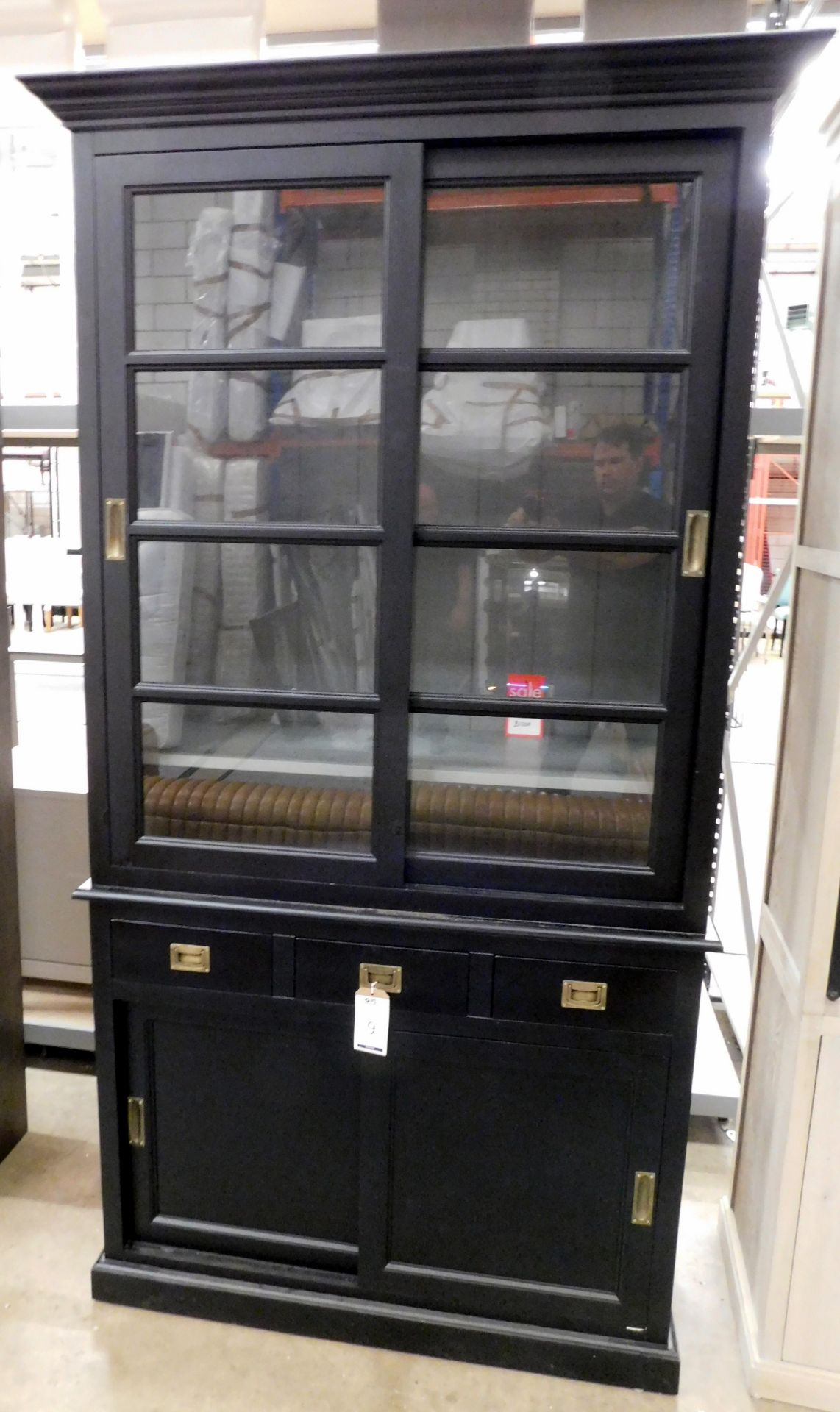 Eichholtz Matt Black Display Cabinet With Step Pediment, Twin Glazed Sliding Doors Enclosing Shelves - Image 2 of 2