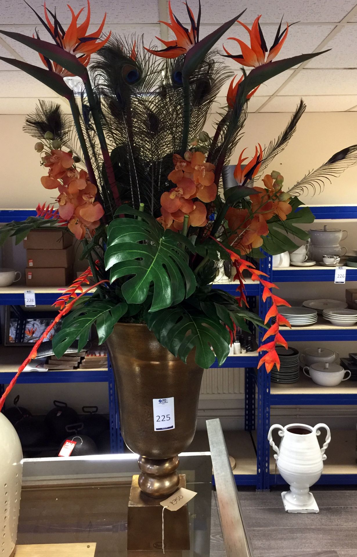 Bronze Lacquered Vase And Artificial Flowers & Peacock Feather Display