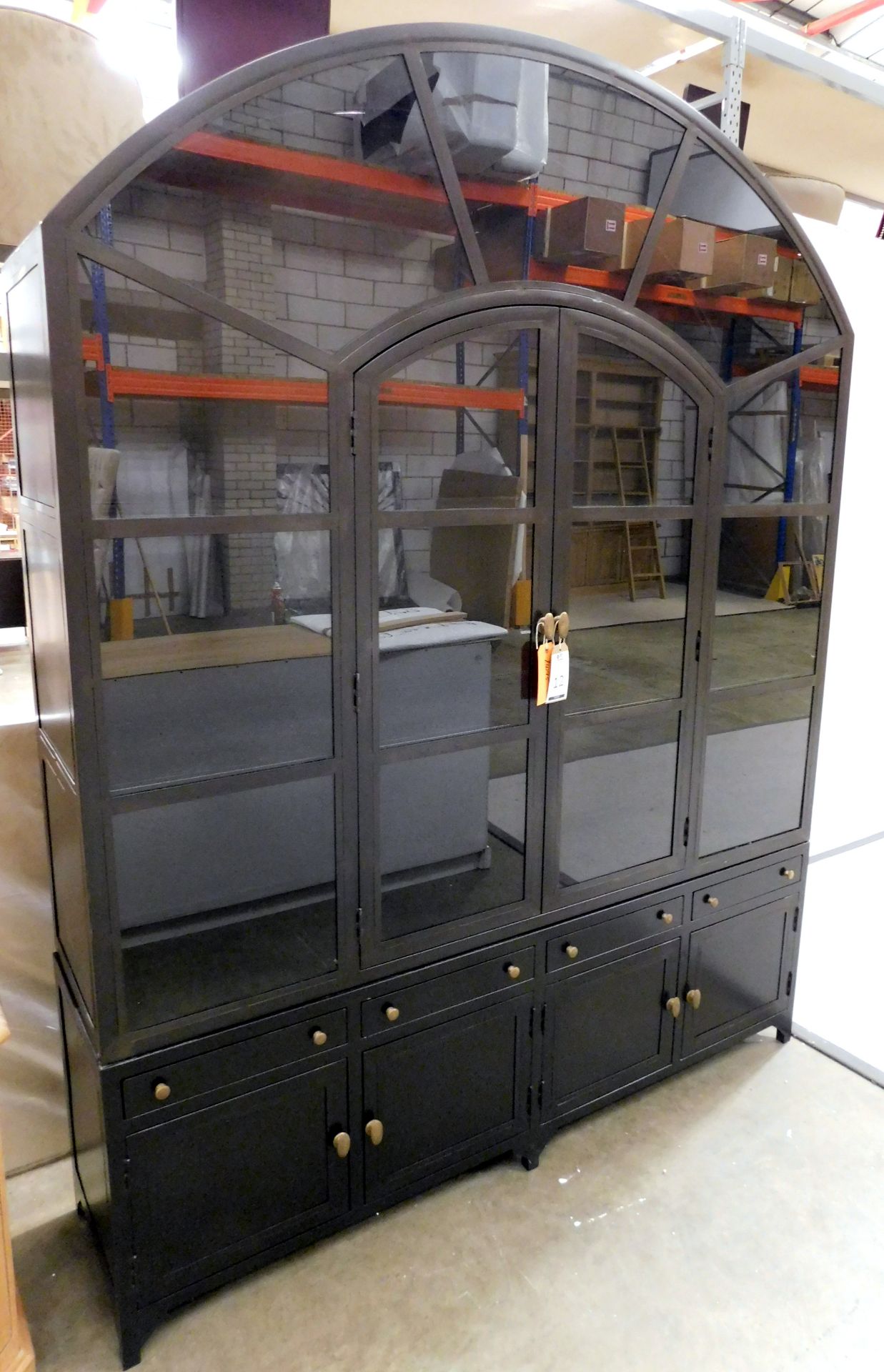 Eichholtz Steel “Archway” Display Cabinet With Twin Glazed Doors Flanked By 9 Glazed Panels Above