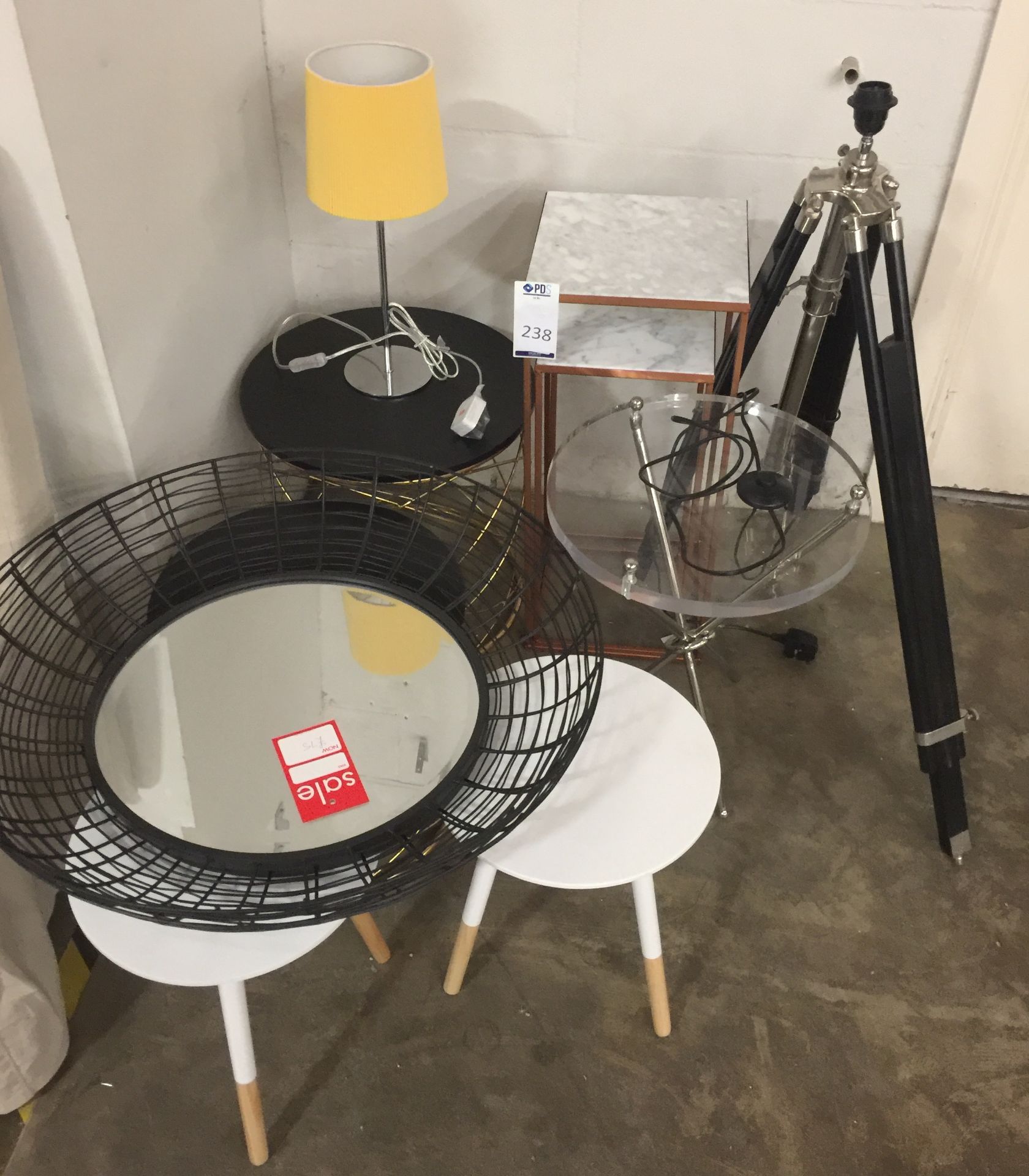 Tables, Chrome Base Lamp, Tripod Light Fixture Etc