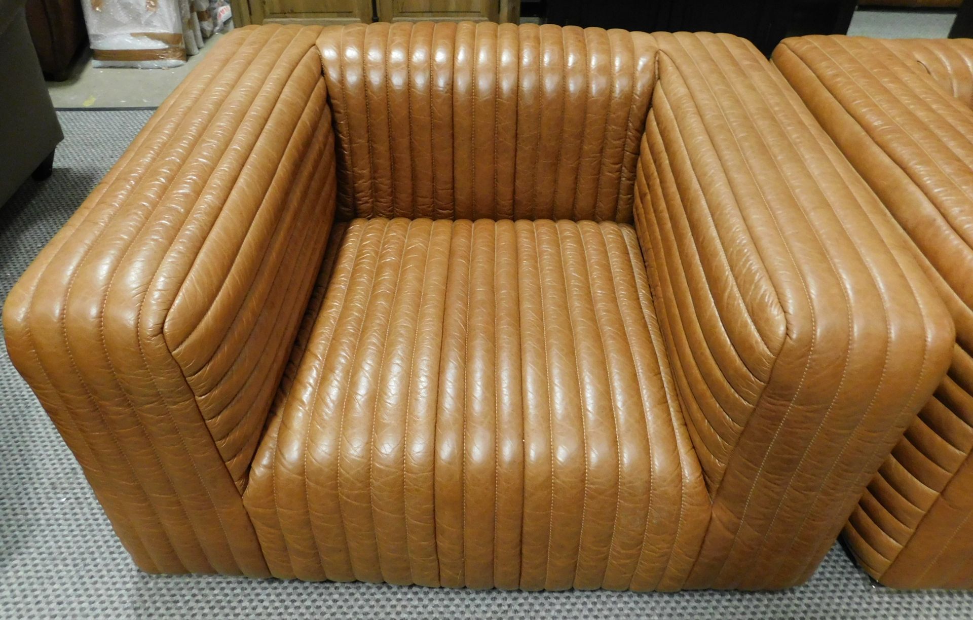 Coach House “Awesome” Ribbed Tan Leather Settee With Two Matching Armchairs - Image 3 of 5