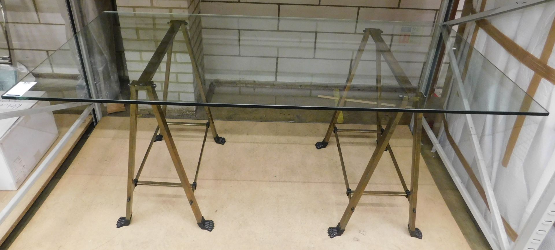 Pair Of Brass Effect Trestles And Plate Glass Top