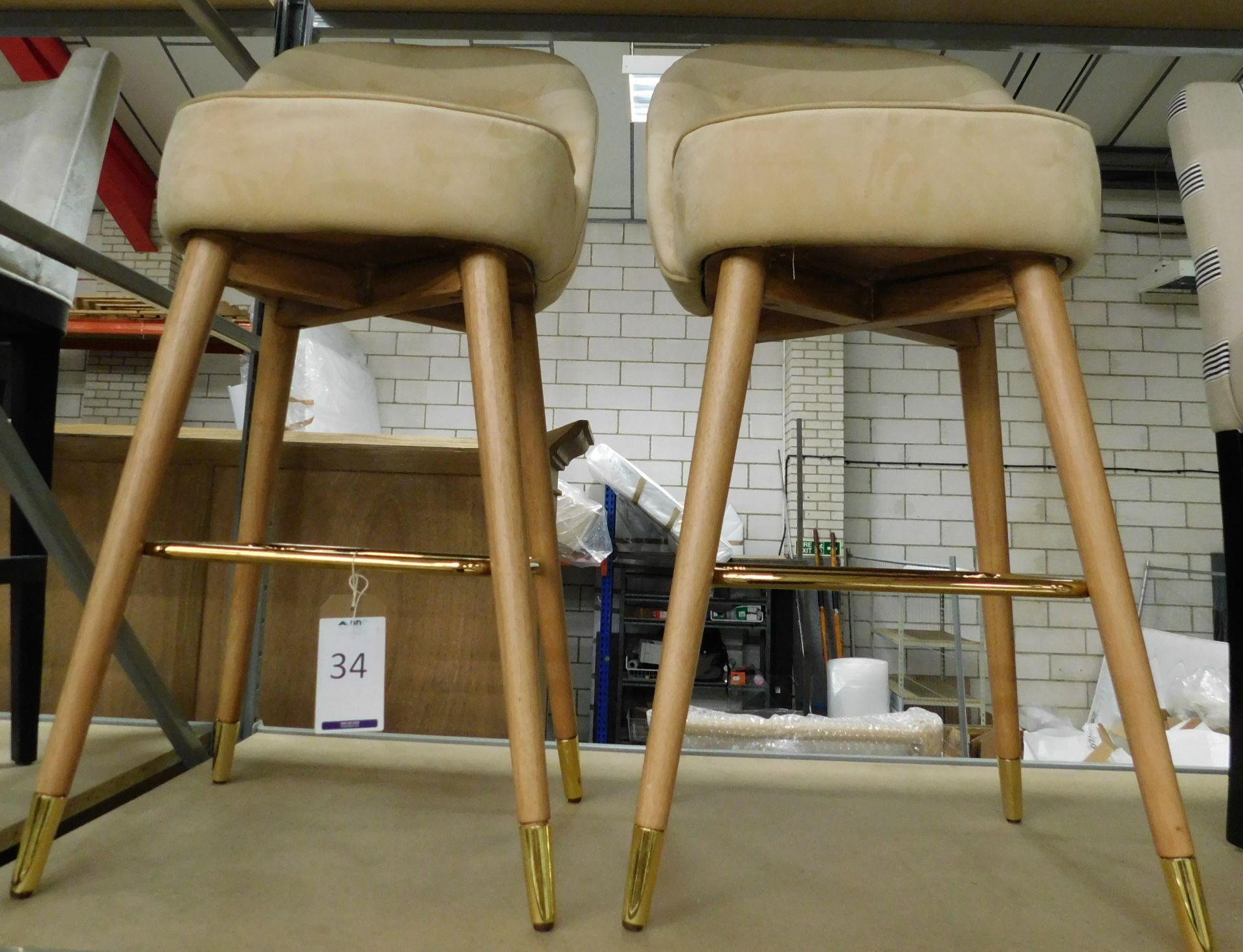 Two MFUK Retro Style Bar Stools, Overstuffed Seats, Turned Tapering Supports & Metal Stretcher Rails - Image 2 of 2
