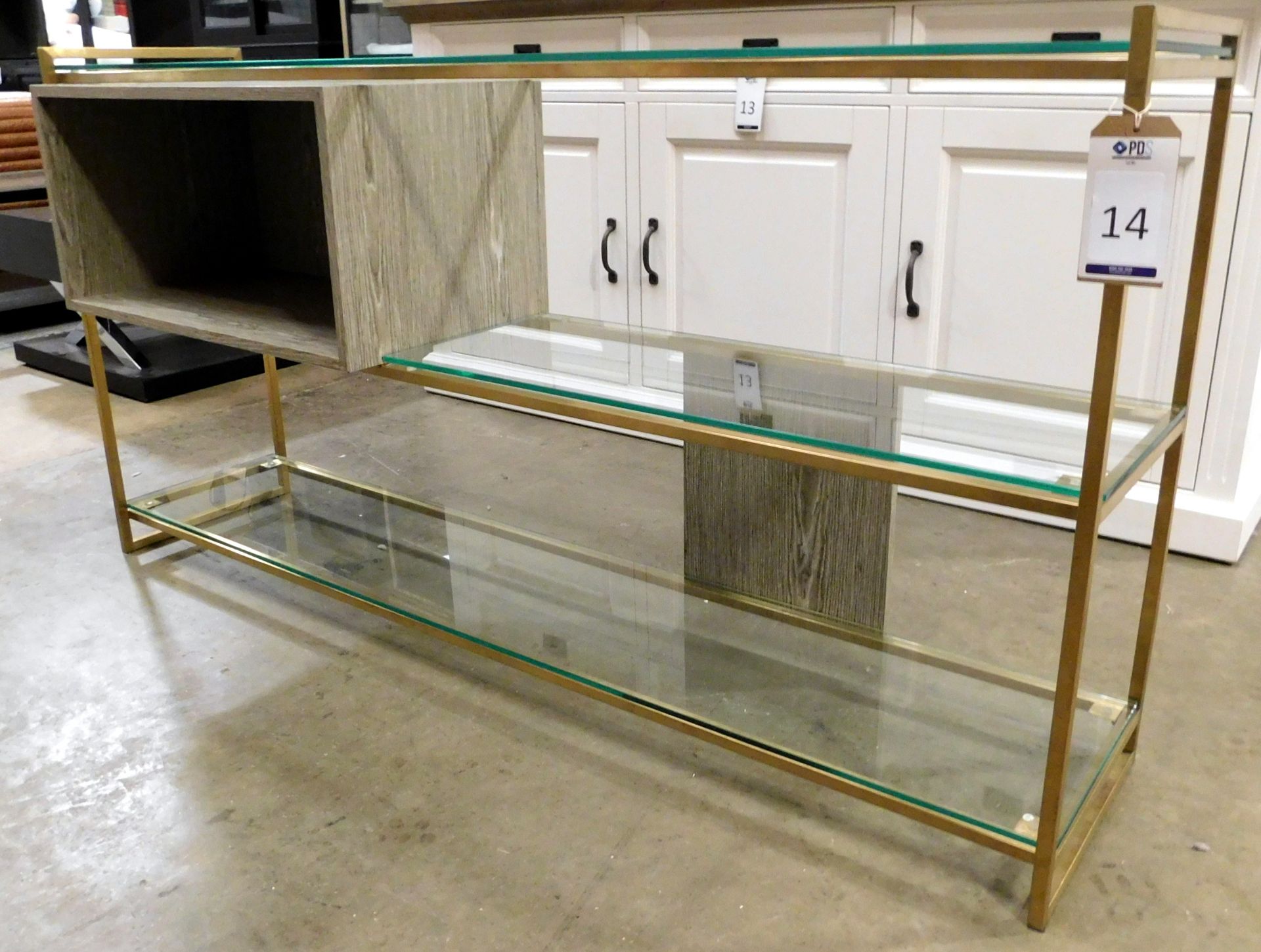 Gilmore Space Brass Effect Framed Console Unit Fitted 3 Plate Glass Shelves (Approximate Retail £