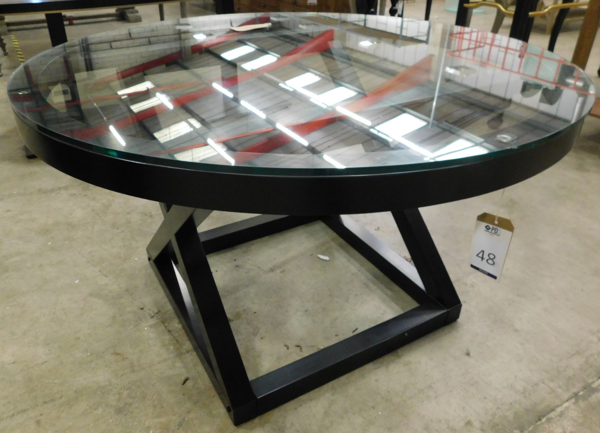 Eichholtz “Black Satin” Circular Table With Plate Glass Top Above Deep Frieze & “X” Stretcher