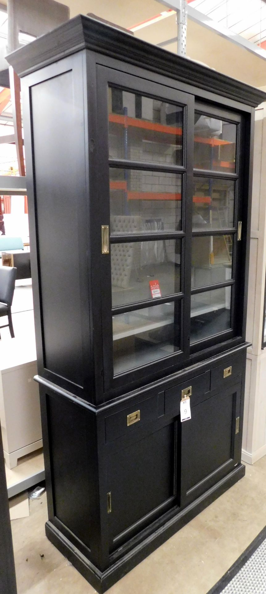 Eichholtz Matt Black Display Cabinet With Step Pediment, Twin Glazed Sliding Doors Enclosing Shelves