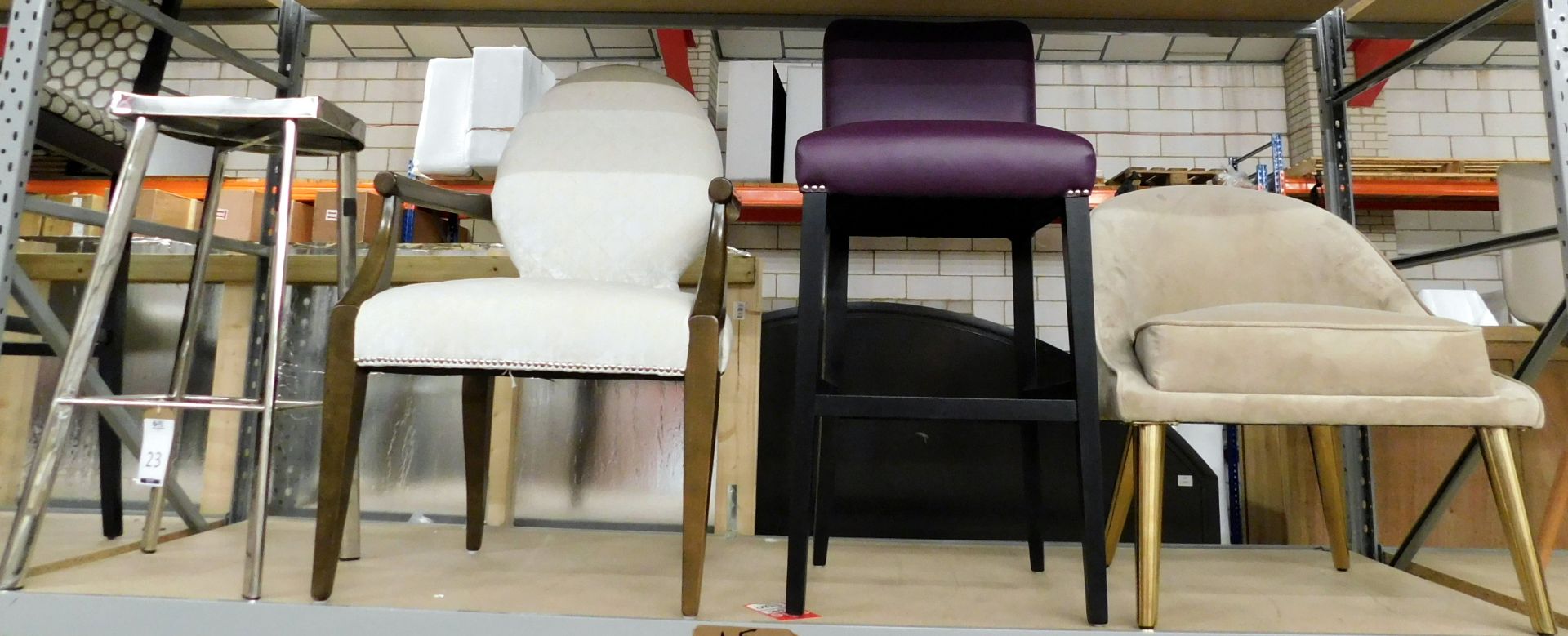 Coach House DX Chrome Stool (£100), Jamesons Carver Dining Chair (£430), Sofa & More Bespoke Plumb