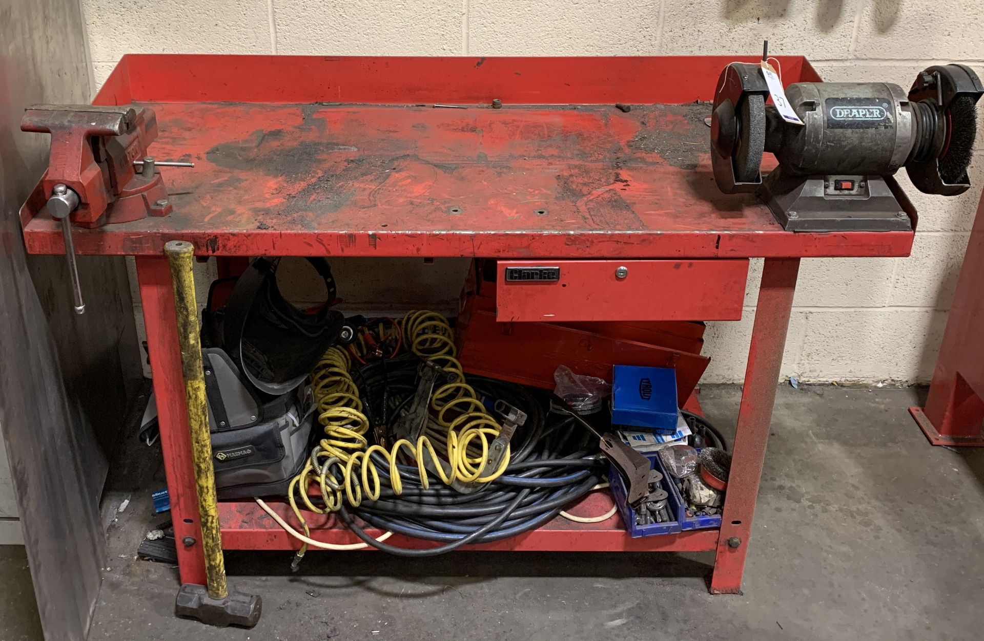 Draper Double Ended Bench Grinder & Wilton Vice Fitted to Clarke Workbench (Located Unit G, Harlow