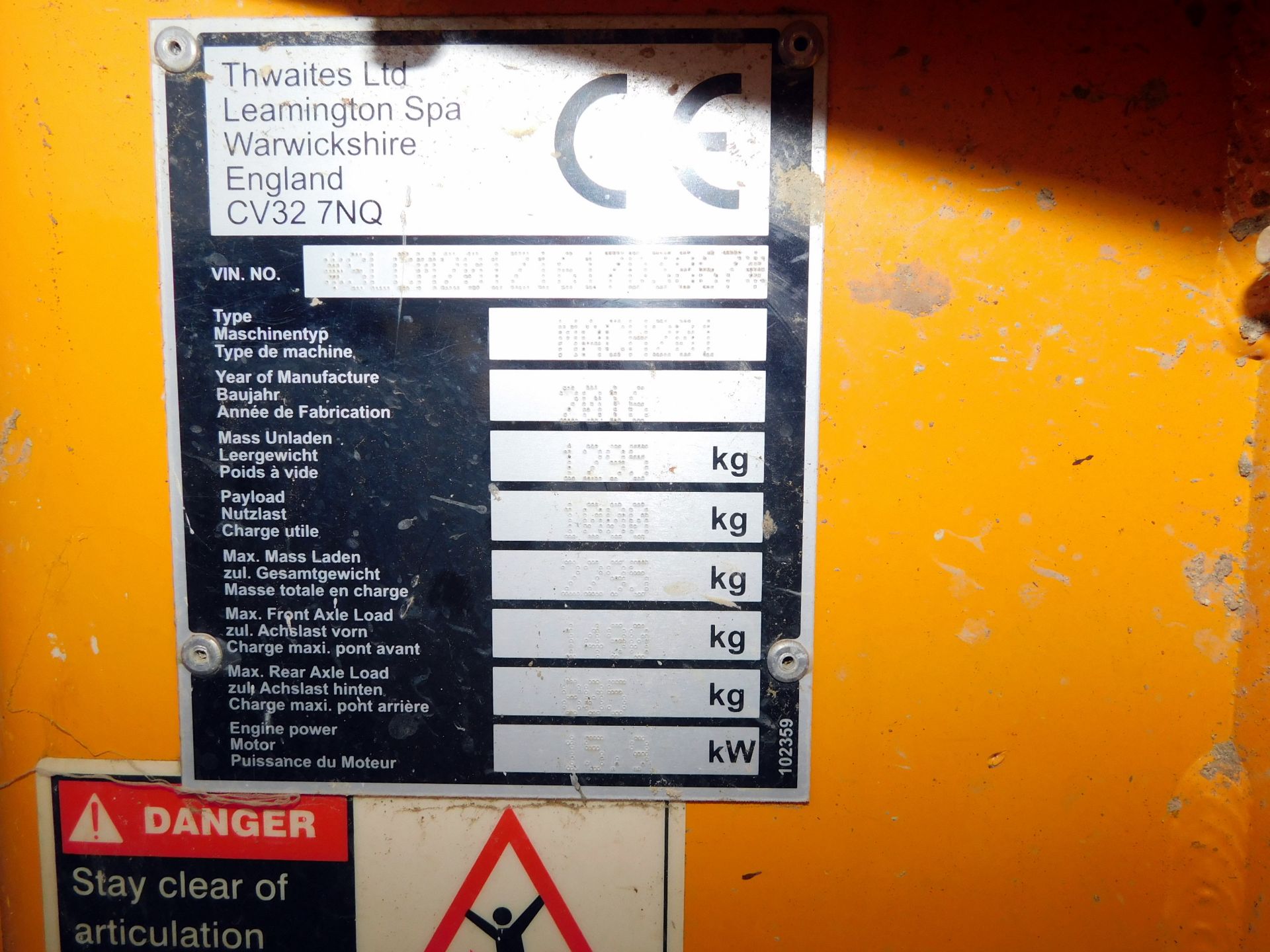 Thwaites 1t High Tip Dumper, 2016, serial number SLCM201Z1617D3867 (2016) (Located Milton Keynes, - Image 7 of 9
