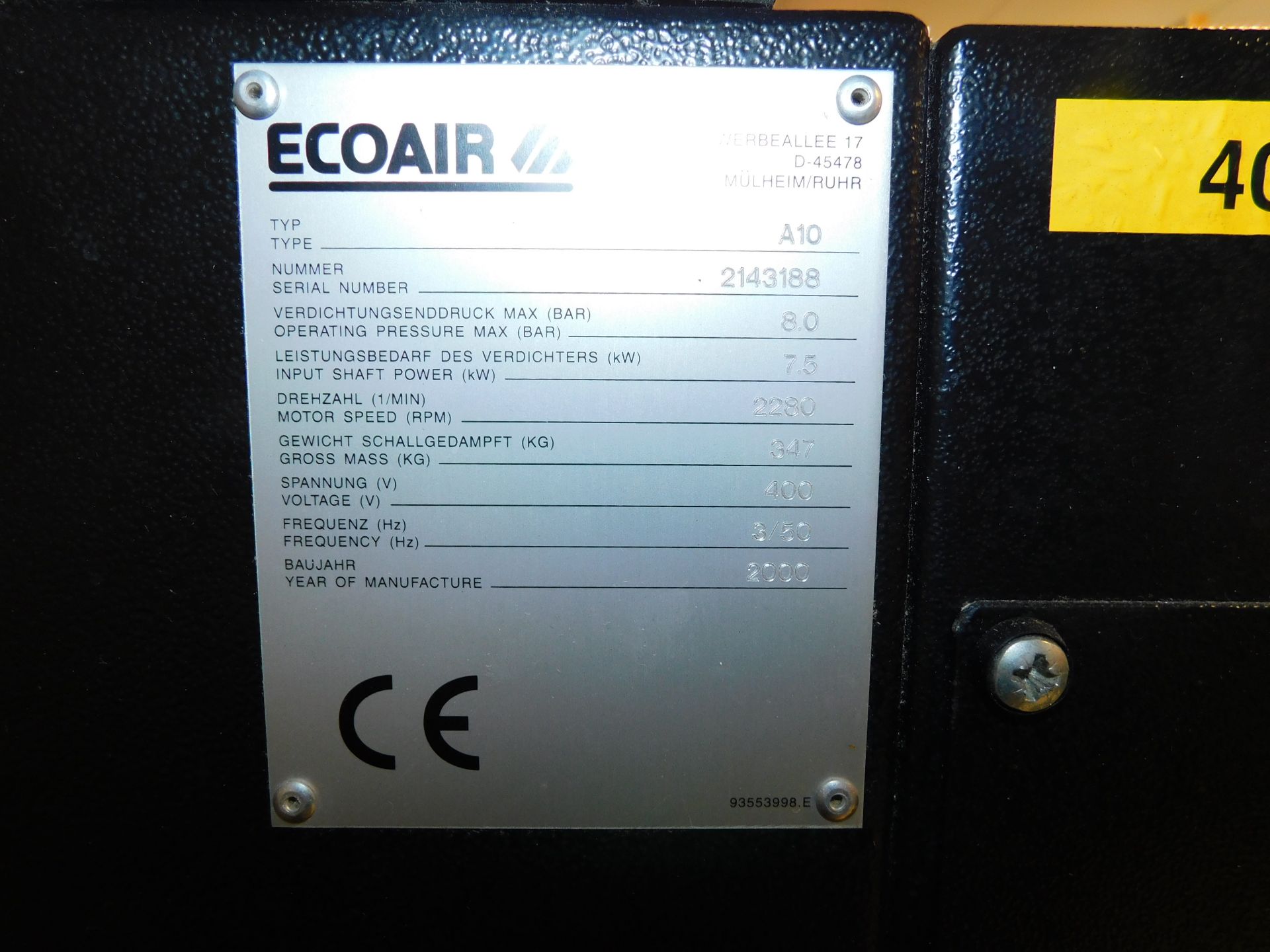 Ecoair A10 Receiver Mounted Silenced Air Compressor, Serial No 2143186 (2000) 8 Bar Max Pressure ( - Bild 4 aus 4