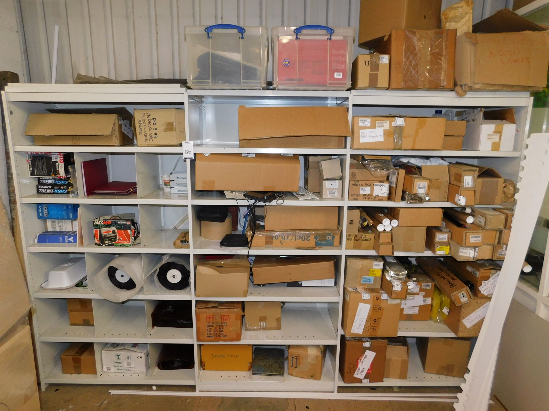 3 Steel Shelving Units & Contents consisting of Mostly Indigo Spare Parts including 2 Drums (Located