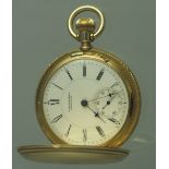 18CT GOLD FULL HUNTER POCKET WATCH with engine turned and engraved outer case,