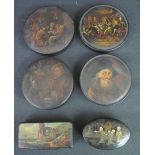 A COLLECTION OF EARLY 19TH CENTURY HAND PAINTED PAPIER-MÂCHÉ SNUFF BOXES of circular,