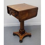 19TH CENTURY ROSEWOOD DROP LEAF PEDESTAL LADIES WORK TABLE having two frieze drawers with turned