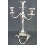 SILVER THREE BRANCH GEORGIAN STYLE CANDELABRUM with Corinthian column sconces and stem on beaded