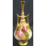 LATE 19TH CENTURY ROYAL WORCESTER PORCELAIN TWO HANDLED BOTTLE SHAPED VASE painted by W.