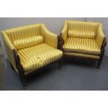 PAIR OF REGENCY STYLE MAHOGANY OPEN ARMCHAIRS overall with striped yellow upholstery, scroll arms,