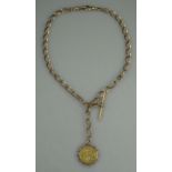 9CT GOLD DOUBLE ALBERT CHAIN with T bar and 1876 gold sovereign fob in 9ct gold pendant mount.