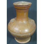 LARGE CHINESE HAN DYNASTY RED EARTHENWARE BROWN ASH GLAZED STORAGE JAR AND COVER,