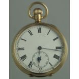 9CT GOLD KEYLESS LEVER OPEN FACED POCKET WATCH having white enamel face with Roman numerals and