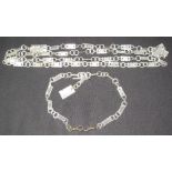 UNUSUAL AND WELL MADE MOTHER-OF-PEARL PANEL AND RING DESIGN GUARD TYPE CHAIN, 120cm long overall,