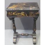 19TH CENTURY LACQUERED CHINOISERIE DECORATED WORK TABLE covered in oriental style designs of eagle