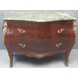 FRENCH STYLE SIMULATED WALNUT BOMBE TWO DRAWER COMMODE having veined marble top and overall with