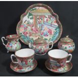 19TH CENTURY CHINESE PORCELAIN CANTON FAMILLE ROSE TEA FOR TWO SET with tray,