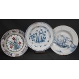 GROUP OF THREE 18TH CENTURY DELFTWARE TIN GLAZED PLATES, two with underglaze blue decoration,