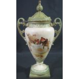 ROYAL CHINA WORKS WORCESTER ENGLAND PORCELAIN TWO HANDLED URN SHAPED VASE AND COVER hand painted