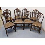 SET OF EARLY 19TH CENTURY OAK CAMEL BACK FARMHOUSE KITCHEN CHAIRS standing on square tapering legs.