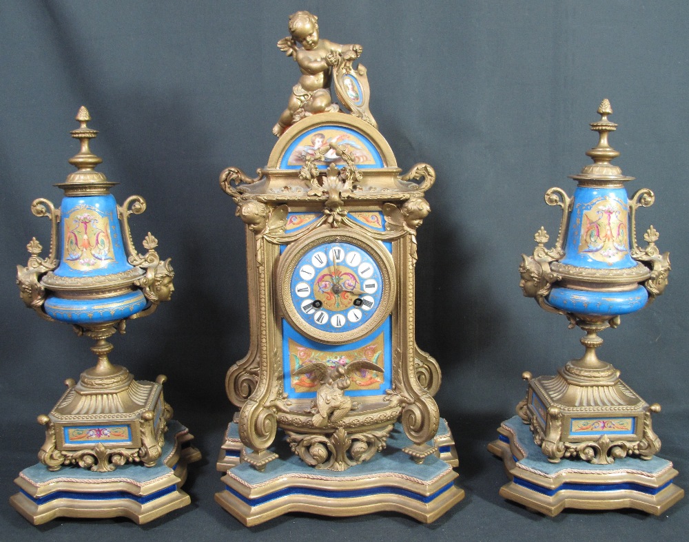 19TH CENTURY FRENCH GILT METAL CLASSICALLY DESIGN CLOCK GARNITURE,