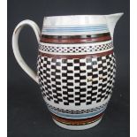 19TH CENTURY POTTERY BARREL SHAPED BALUSTER JUG with spout and loop handle,