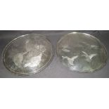 PAIR OF SILVER CIRCULAR SALVERS engraved with game bird scenes, duck and pheasants,