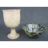 CHINESE SPINACH JADE PEDESTAL BOWL TOGETHER WITH A CARVED PEDESTAL WINE CUP, possibly Chinese,